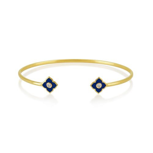 Blue Enamel Diamond Flower Bangle in 18 kt Gold
