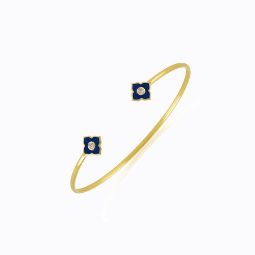 Blue Enamel Diamond Flower Bangle in 18 kt Gold