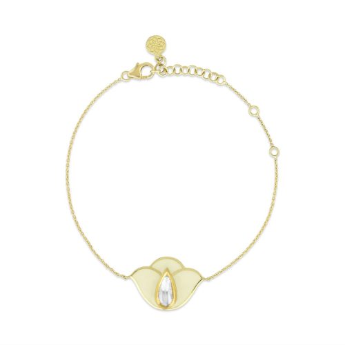 White Enamel Small Lotus Diamond Bracelet In 18Kt Gold