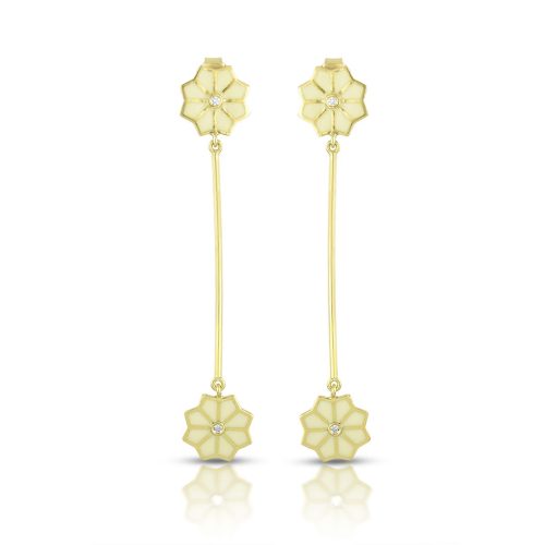 White Enamel Diamond Flower Connecting Earrings In 18Kt Gold