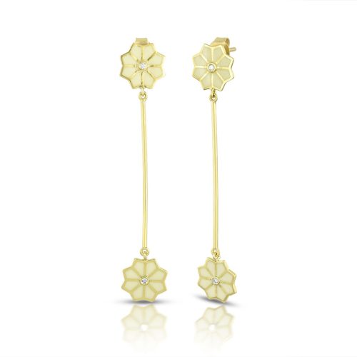 White Enamel Diamond Flower Connecting Earrings In 18Kt Gold