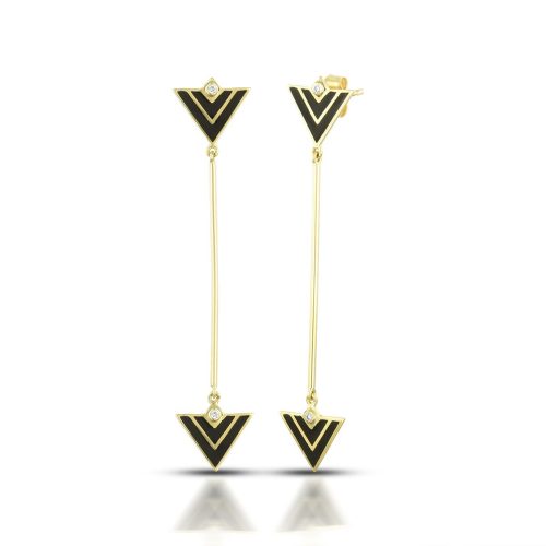 Black Enamel Connecting Inverted Traingle Diamond Earring In 18Kt Gold