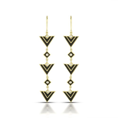 Black Enamel Connecting Inverted Traingle Diamond Earring In 18Kt Gold