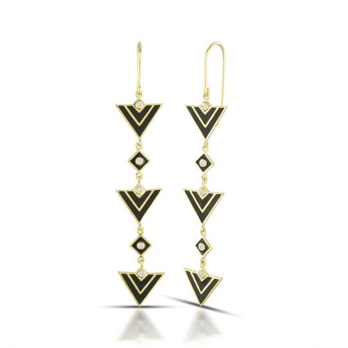 Black Enamel Connecting Inverted Traingle Diamond Earring In 18Kt Gold