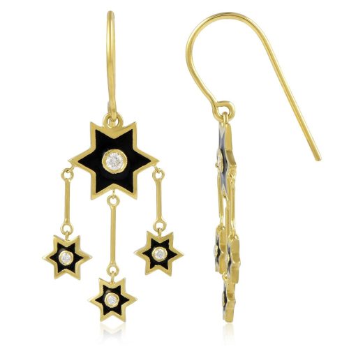 Black Enamel Star Drop Earring With Diamonds  In 18Kt Gold