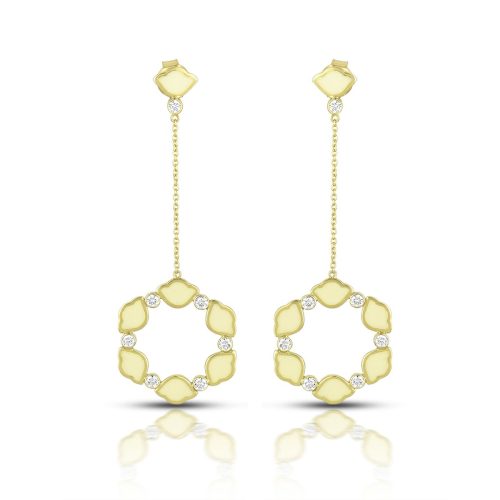 White Enamel & Diamond Lotus Dangle Earrings In 18Kt Gold