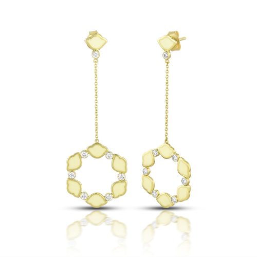 White Enamel & Diamond Lotus Dangle Earrings In 18Kt Gold