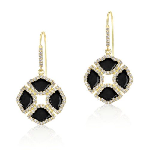Black Enamel & Diamond Lotus Flower Earrings In 18Kt Gold