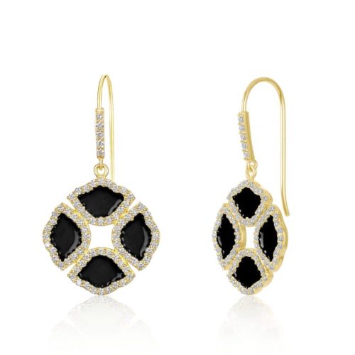 Black Enamel & Diamond Lotus Flower Earrings In 18Kt Gold
