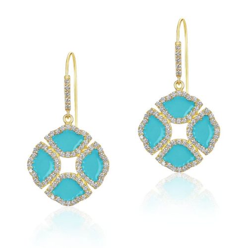 Blue Enamel & Diamond Lotus Flower Earrings In 18Kt Gold