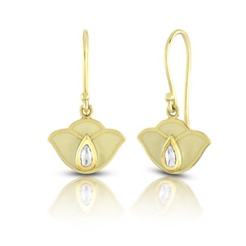 White Enamel And Diamond Lotus Earring In 18Kt Gold