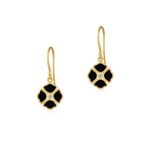 Black Enamel & Diamond Lotus Flower Earring In 18Kt Gold