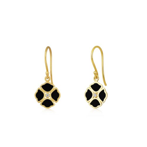 Black Enamel & Diamond Lotus Flower Earring In 18Kt Gold