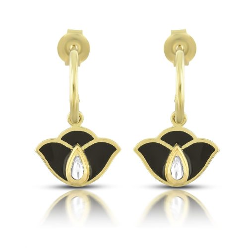 Black Enamel Lotus Diamond Earring In 18Kt Gold