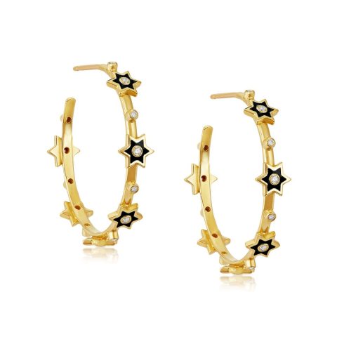 Black Enamel Diamond Star Hoop Earrings In 18 Kt Gold