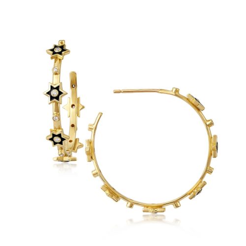 Black Enamel Diamond Star Hoop Earrings In 18 Kt Gold