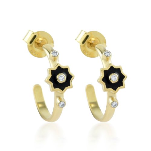Black Enamel Star Hoops With Diamonds In 18Kt Gold