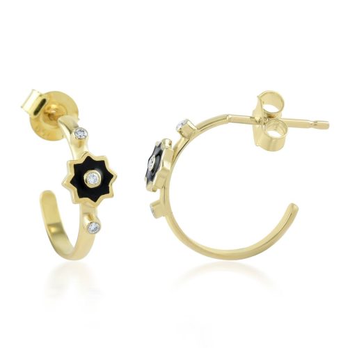 Black Enamel Star Hoops With Diamonds In 18Kt Gold
