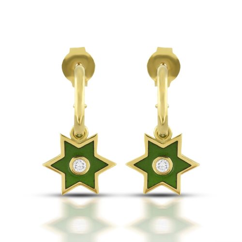 Green Enamel Diamond Star Earring In 18Kt Gold