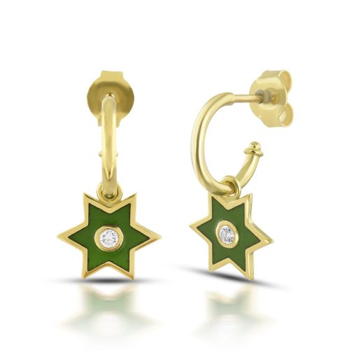 Green Enamel Diamond Star Earring In 18Kt Gold