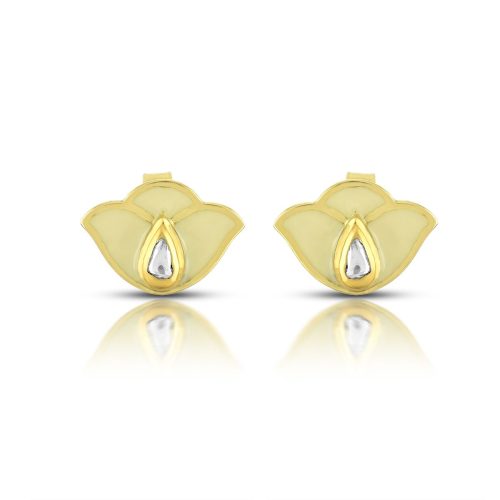 White Enamel Lotus Ear Stud In 18Kt Gold