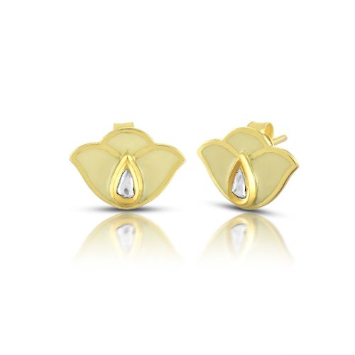 White Enamel Lotus Ear Stud In 18Kt Gold