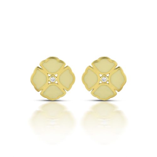 White Enamel & Diamond Lotus Ear Studs In 18Kt Gold