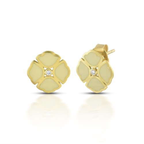 White Enamel & Diamond Lotus Ear Studs In 18Kt Gold