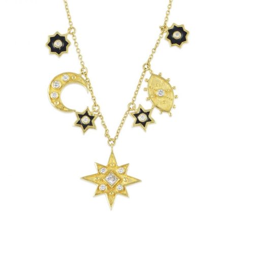 Diamond Celestial Charm Necklace With Black Enamel In 18Kt Gold