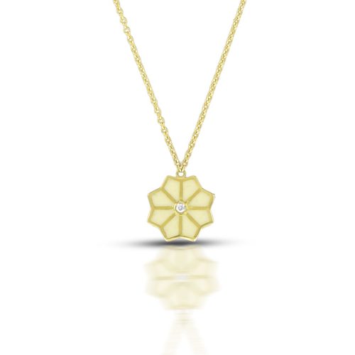 White Enamel And Diamond Flower Necklace In 18Kt Gold