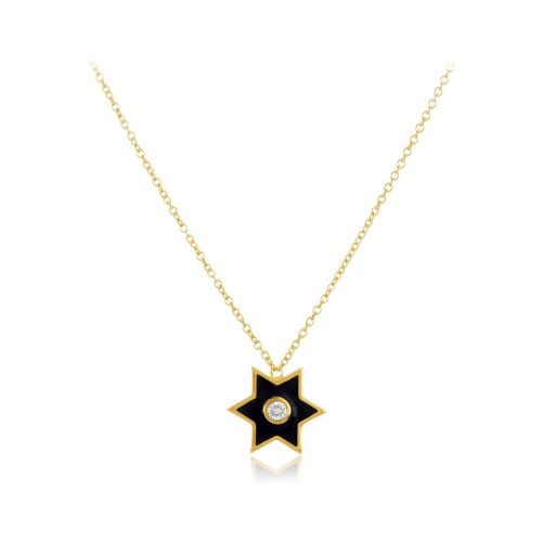 Black Enamel Diamond Star Pendant With Chain In 18Kt Gold