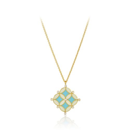 Blue And White Enamel Diamond Necklace In 18Kt Gold