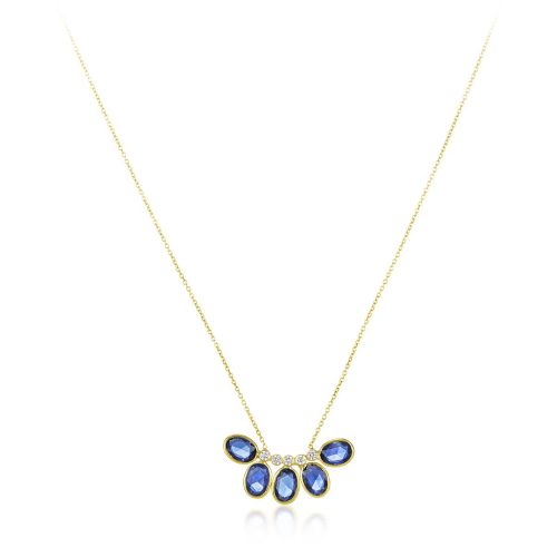 Diamond and Blue Sapphire Curved Bar Pendant with Chain in 18Kt Gold