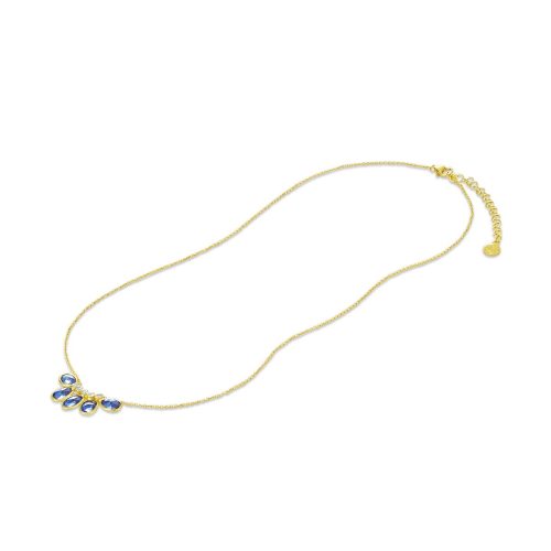 Diamond and Blue Sapphire Curved Bar Pendant with Chain in 18Kt Gold