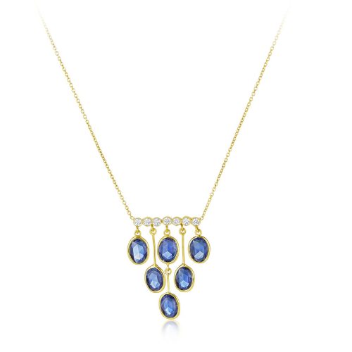 Diamond and Blue Sapphire Bar Pendant with Chain in 18Kt Gold
