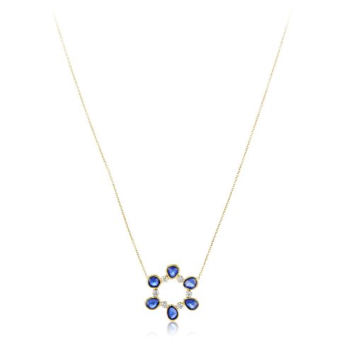 Diamond and Blue Sapphire Circular Pendant with Chain in 18kt Gold