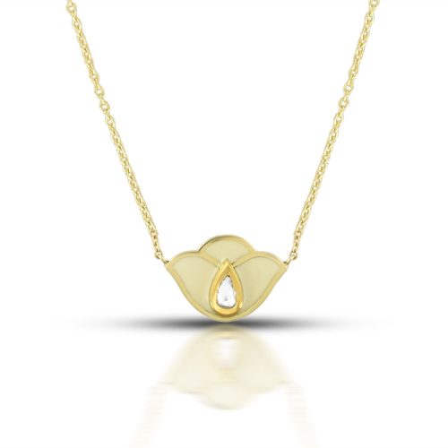 White Enamel Lotus Diamond Necklace In 18Kt Gold