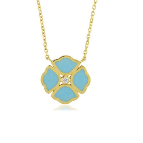 Blue Enamel & Diamond Lotus Necklace In 18Kt Gold