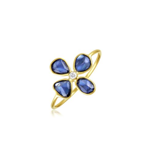 Diamond and Blue Sapphire Flower ring in 18kt Gold
