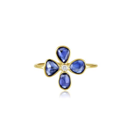 Diamond and Blue Sapphire Flower ring in 18kt Gold
