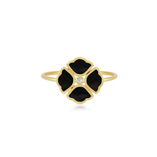 Black Enamel & Diamond Lotus Flower Ring In 18Kt Gold