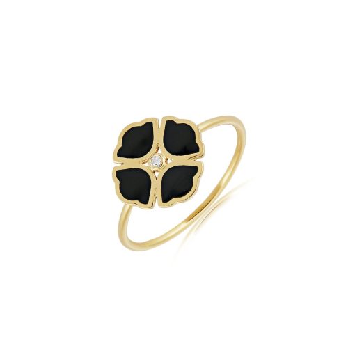 Black Enamel & Diamond Lotus Flower Ring In 18Kt Gold