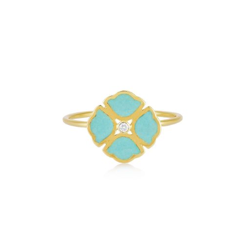 Blue Enamel & Diamond Lotus Flower Ring In 18Kt Gold