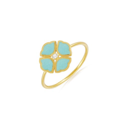 Blue Enamel & Diamond Lotus Flower Ring In 18Kt Gold