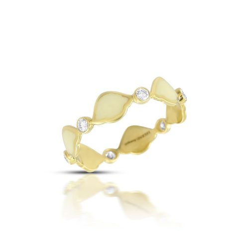 White Enamel & Diamond Lotus Ring Band In 18Kt Gold