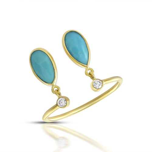 Diamond And Turquoise Two Tear Drop Ring In 18Kt Gold
