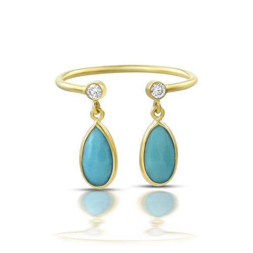 Diamond And Turquoise Two Tear Drop Ring In 18Kt Gold