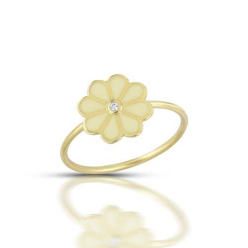 White Enamel Diamond Flower Ring In 18Kt Gold