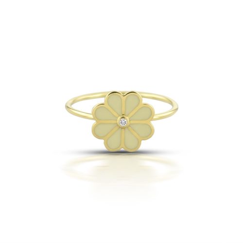 White Enamel Diamond Flower Ring In 18Kt Gold