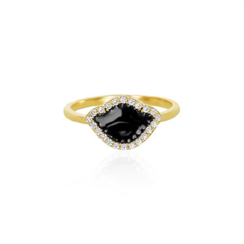 Black Enamel & Diamond Lotus Ring In 18Kt Gold